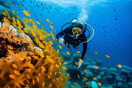 水下珊瑚群上的潜水员图片