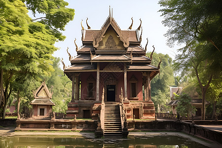 角楼古木庙宇中的泰国皇家寺庙背景