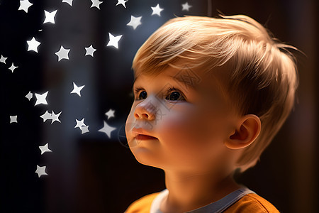 星空下仰望的小男孩图片