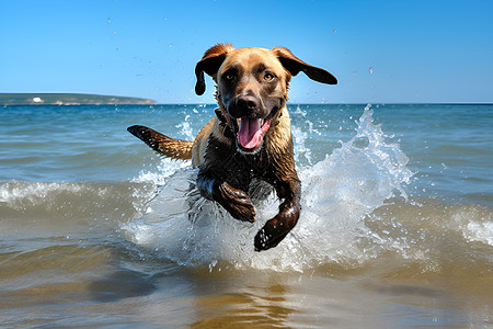 狗狗在海滩上张开嘴巴奔跑图片