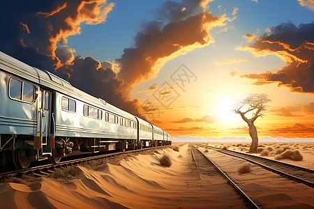 列车穿越云朵下的沙漠图片
