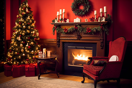 房间内的圣诞树和壁炉图片