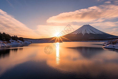 日出时的湖泊和山脉图片