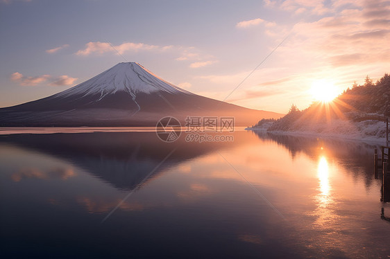 日出时的雪山和湖泊图片