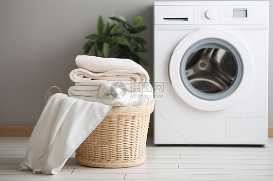 室内的洗衣机和衣物图片