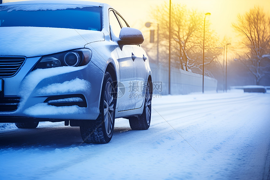 户外雪地公路上的汽车图片