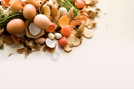 桌面上堆积的鸡蛋壳图片