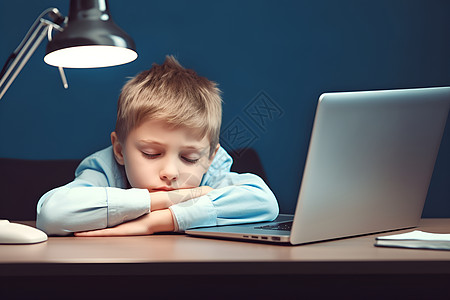 电脑学生桌前疲惫的孩子背景