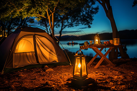 湖畔露营背景图片