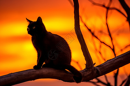 绿色小猫剪影树枝上的猫咪背景