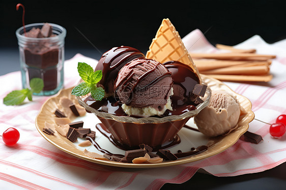 桌上的巧克力冰淇淋图片