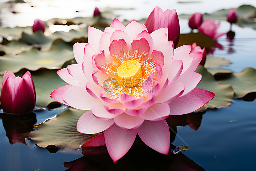 莲花池中盛放的粉色花朵图片