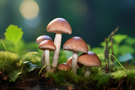 绿叶边生长的蘑菇图片