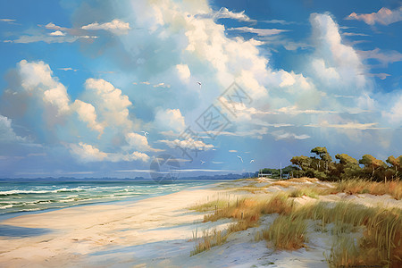 海边美丽的油画背景图片