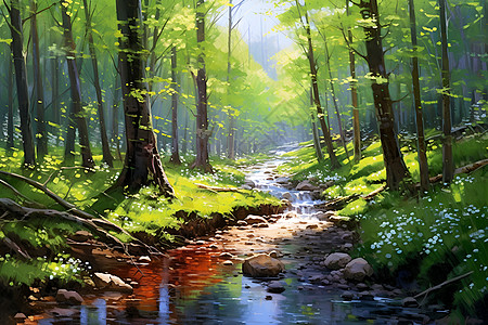 沉浸在优美的森林油画中图片