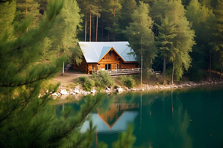 松树树林丛林孤独的小屋背景