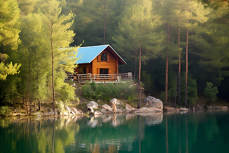 松树树林湖畔自然的小屋背景