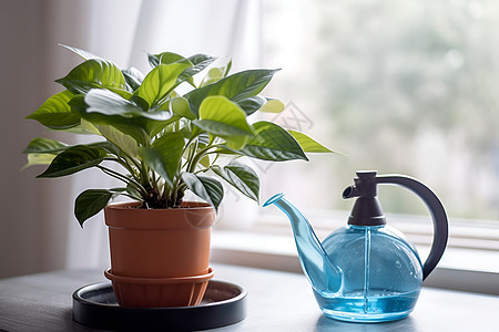 窗前的一盆植物和喷水壶图片