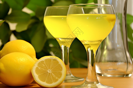 柠檬相伴的黄色玻璃杯图片
