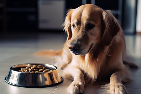 一只金毛犬在地上的食盆旁图片