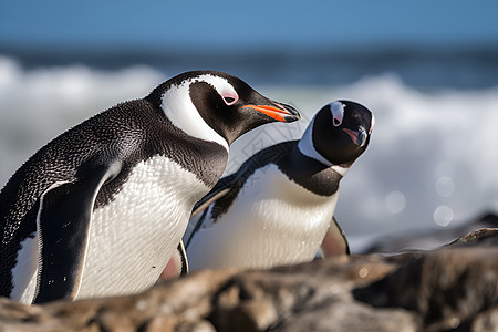 海岸上两只企鹅背景图片