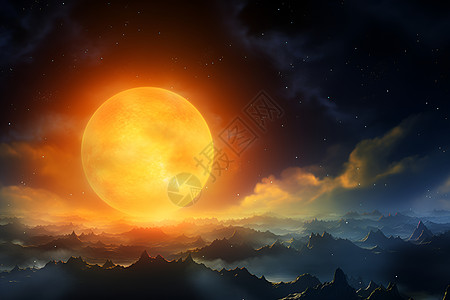 黄色月亮照耀着山脉高清图片