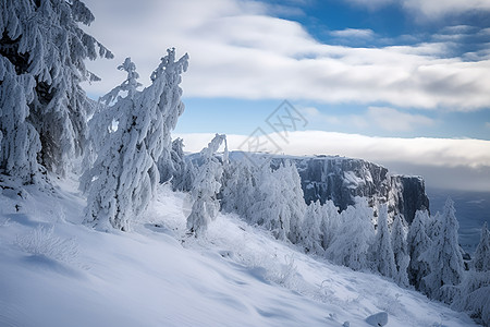 小寒冷雪山上的树背景