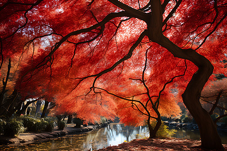 树下布满落叶的河流图片