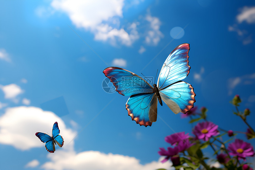 天空中一只蓝色蝴蝶飞舞图片