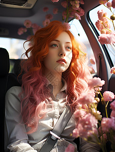 红发女子与花海背景图片