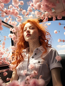红发女子与粉色花朵图片