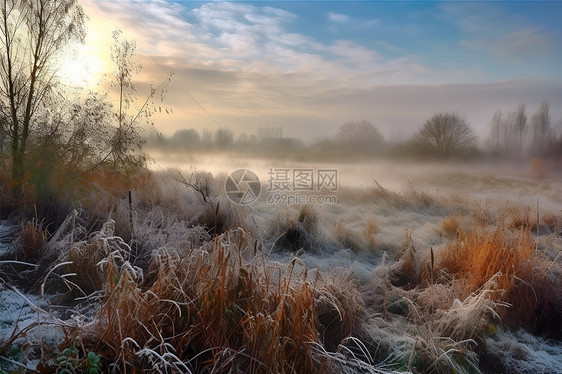 冬日草地结霜的景色图片
