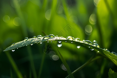 绿叶上的一排水珠背景图片