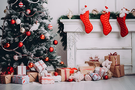 室内的圣诞树和礼盒背景图片