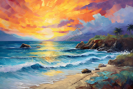 油画的海岛海洋背景图片