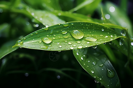 绿色叶子上的雨水背景图片