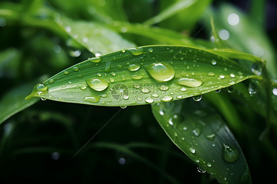 绿色叶子上的雨水图片