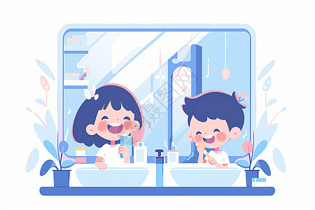 在浴室刷牙的儿童绘画图片