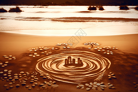 文化创作沙滩上的文化艺术一片沙滩上细致的图案和曼陀罗海洋中的浪潮插画