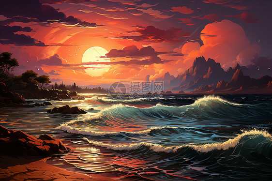 日落下的浪花海岸图片