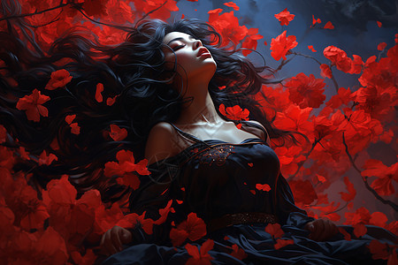 红色花朵中躺着的女性背景图片