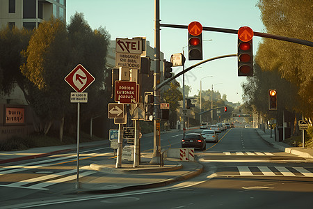 路口的交通标志和红绿灯背景图片