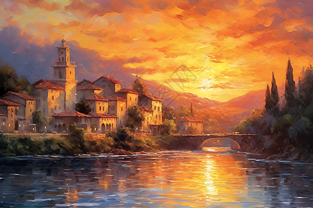 夕阳下的河边小镇图片
