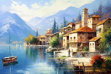 宁静的小镇河畔背景图片