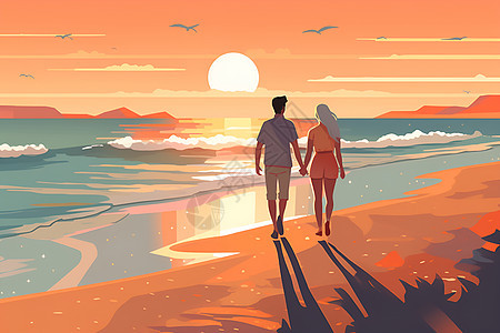 沙滩上牵手漫步的情侣图片