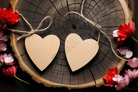 两颗木质心形挂件背景图片