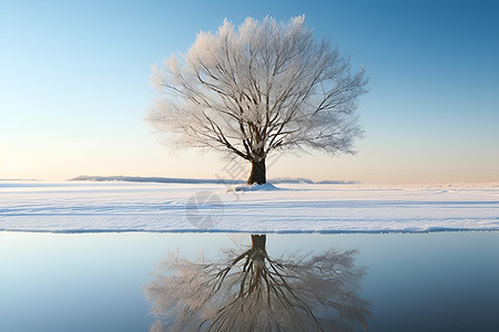 冰天雪地蓝天下的冰湖和树木背景