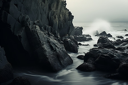 浪花拍打着岩石背景图片