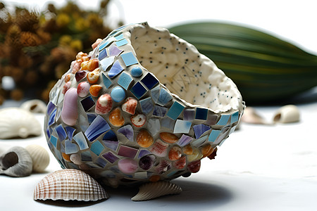 马赛克花瓶上的贝壳高清图片