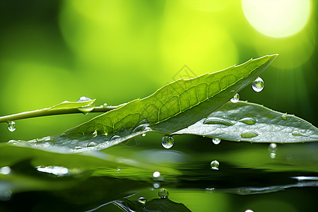 叶露珠清晨的雨水打湿绿叶背景